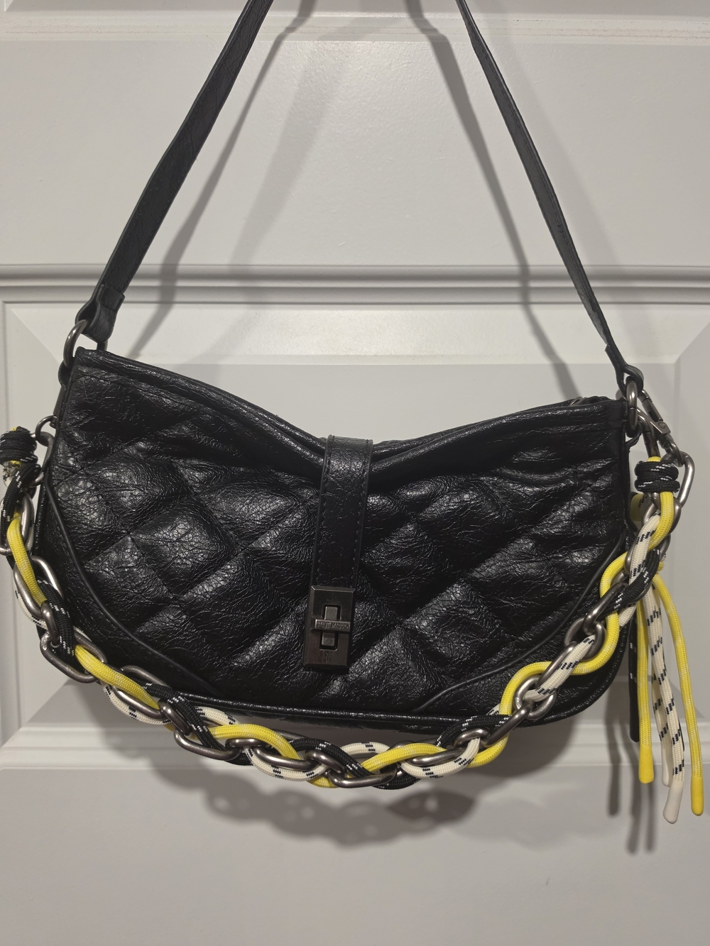 Steve Madden Black Quilted Shoulder Bag with Yellow Chain Accent